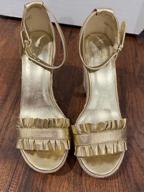 Michael Kors Metallic Gold Ruffle Wedge Sandals